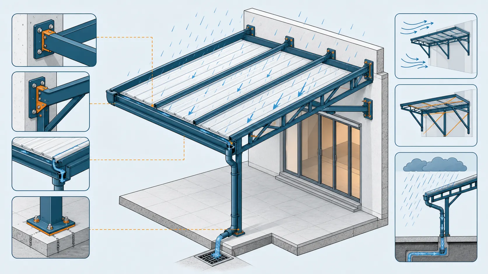 Minh họa độ dốc, máng xối, neo giằng và thoát nước của mái che