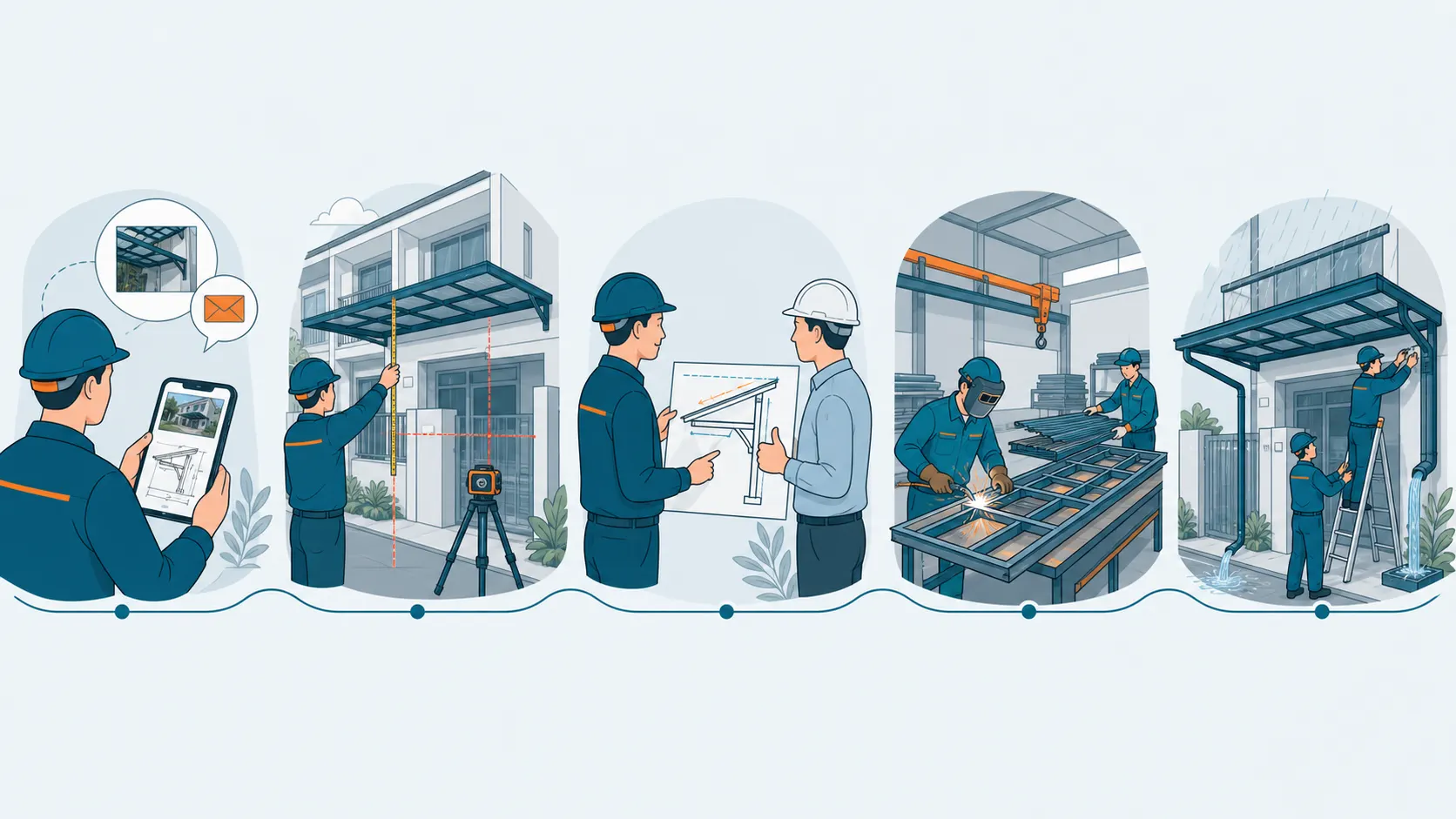 Minh họa quy trình thi công mái hiên, mái che từ tiếp nhận thông tin đến lắp đặt và kiểm tra thoát nước