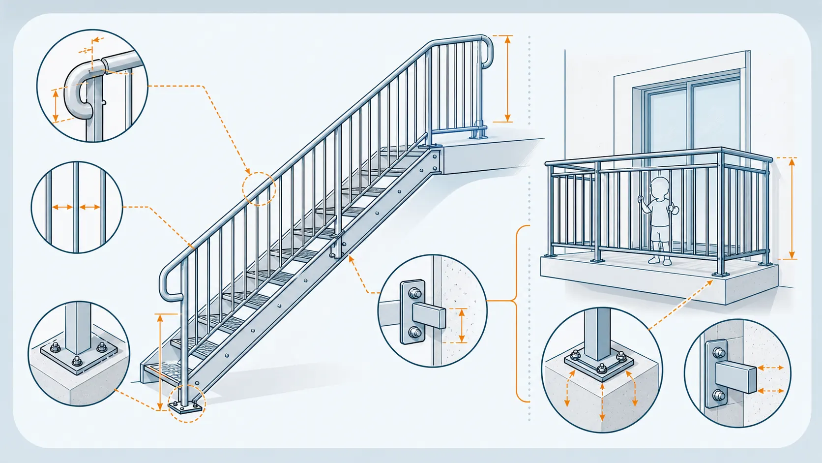 Minh họa các yếu tố an toàn của lan can và cầu thang
