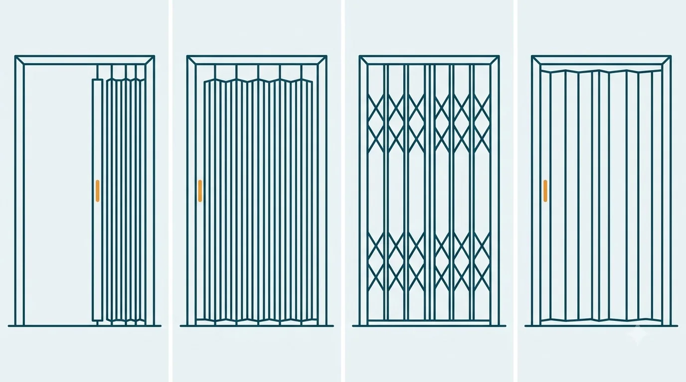 Minh họa các loại cửa kéo lá thưa, lá kín, U sắt và inox